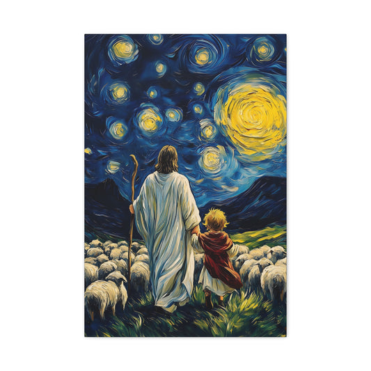 The Good Shepherd and the Child Beneath the Starry Night